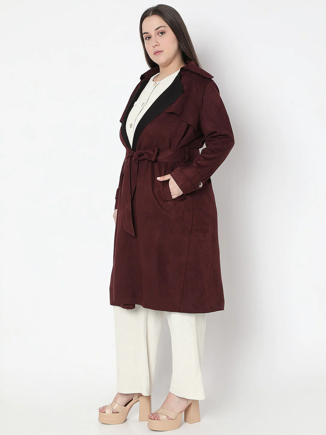 Curve Chocolate Brown Suede Long Coat - Image 3