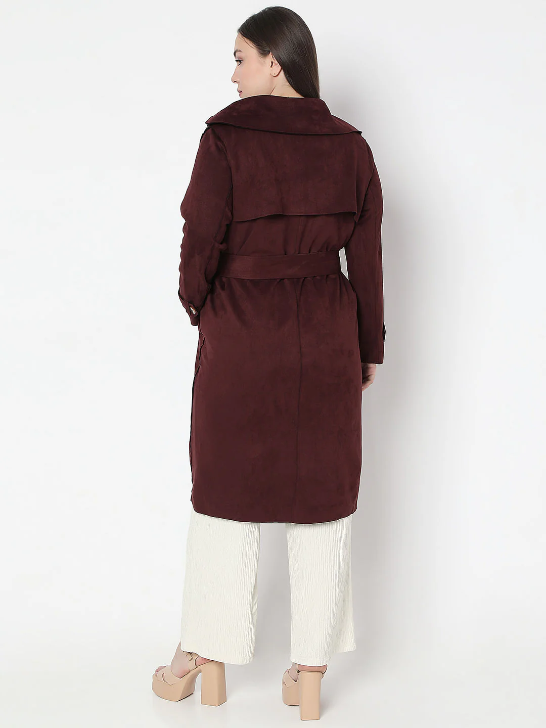 Curve Chocolate Brown Suede Long Coat - Image 4
