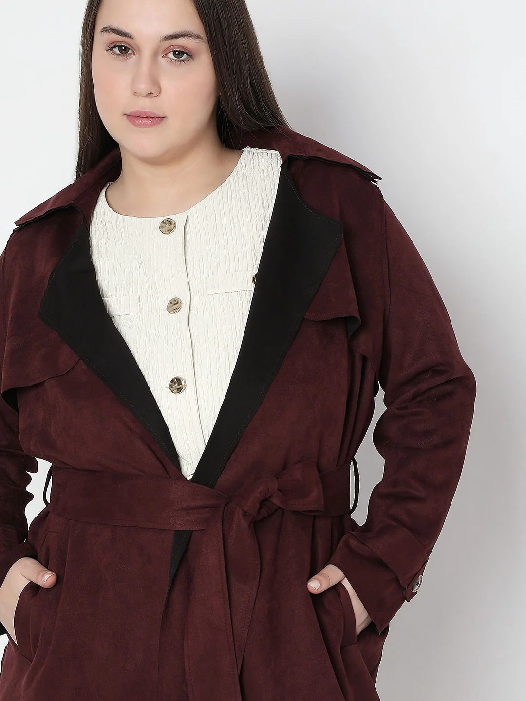 Curve Chocolate Brown Suede Long Coat - Image 5