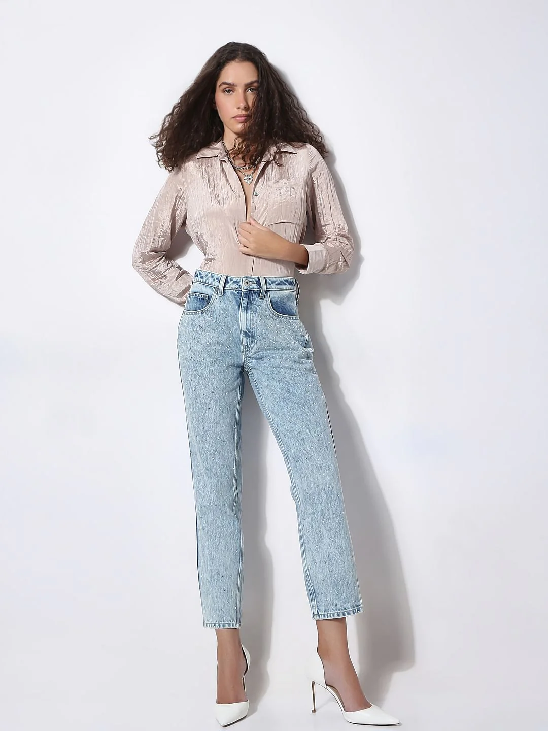 Light Blue Rhinestone Embellished Jeans