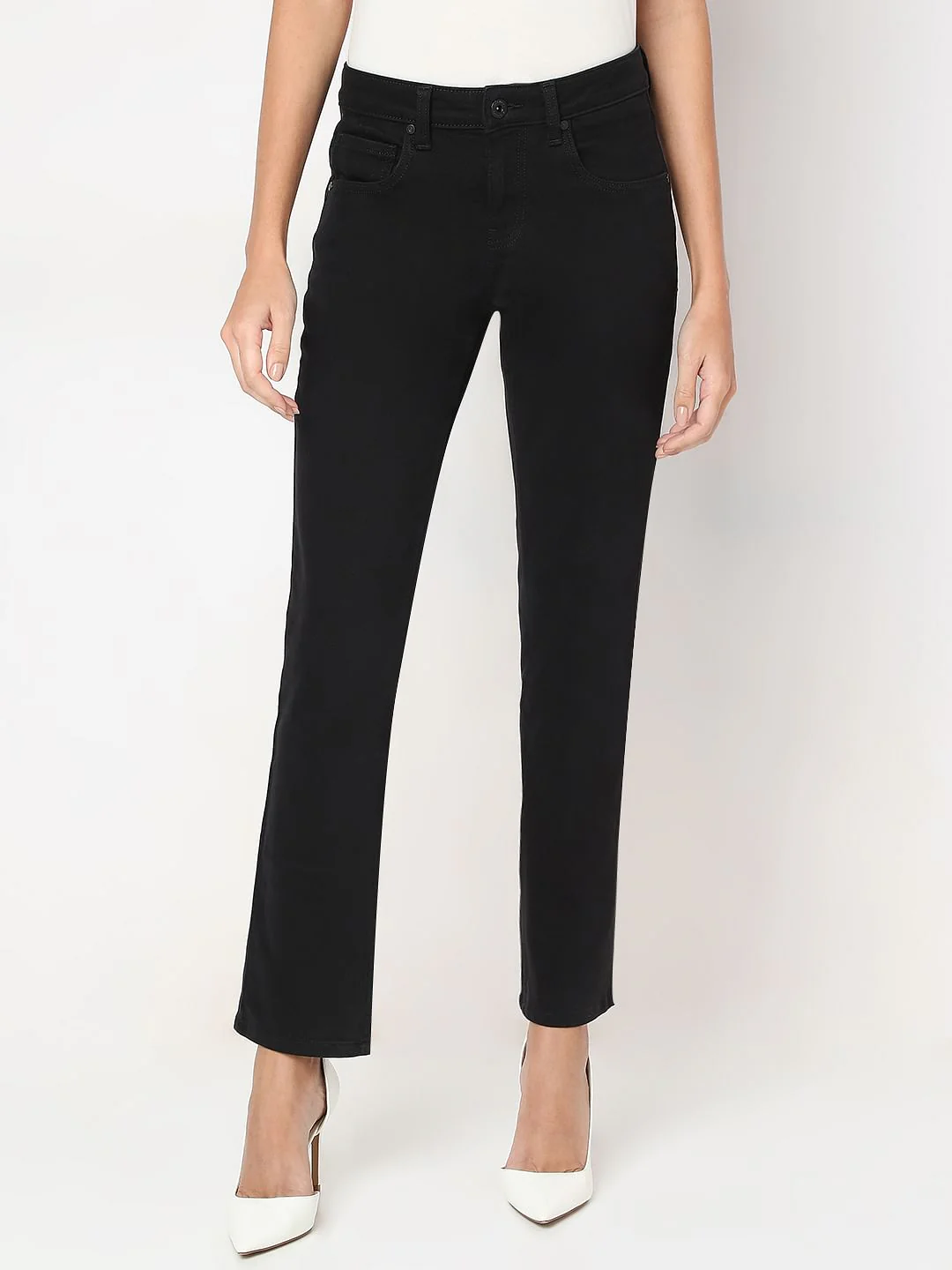 Black Mid Rise Straight Fit Jeans - Image 2