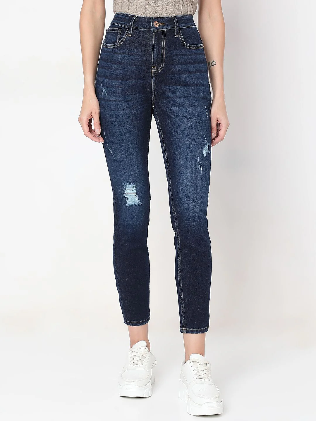 Dark Blue Distressed Skinny Fit Jeans - Image 2