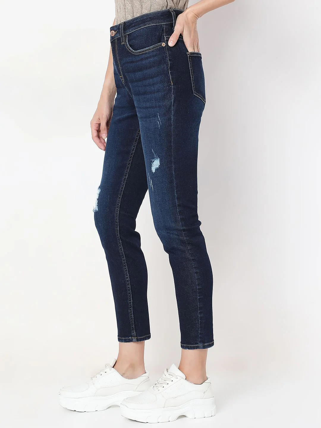 Dark Blue Distressed Skinny Fit Jeans - Image 3