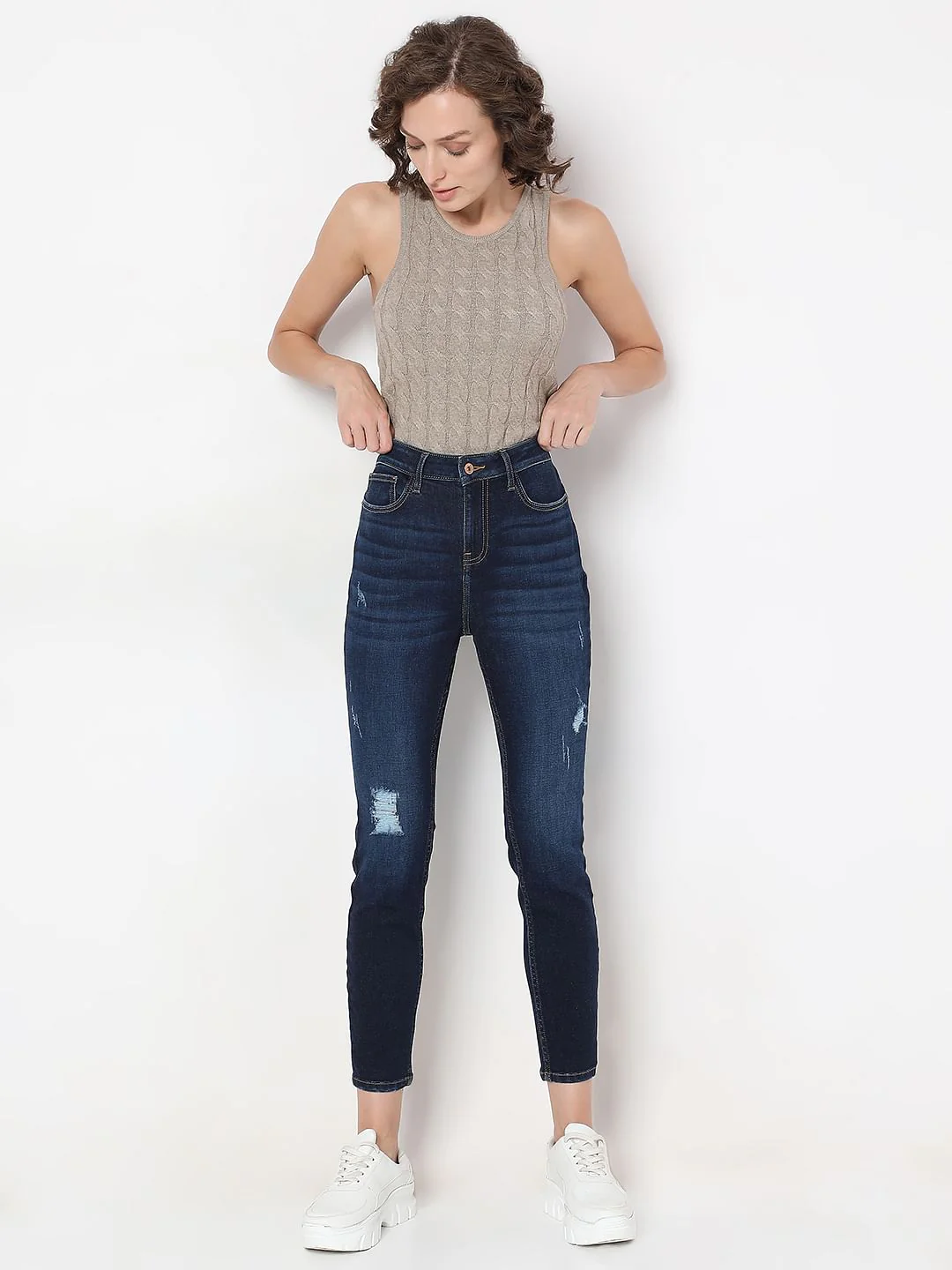 Dark Blue Distressed Skinny Fit Jeans - Image 5