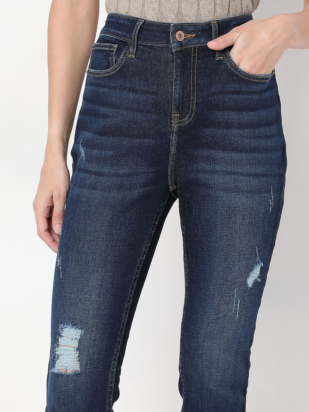 Dark Blue Distressed Skinny Fit Jeans - Image 6