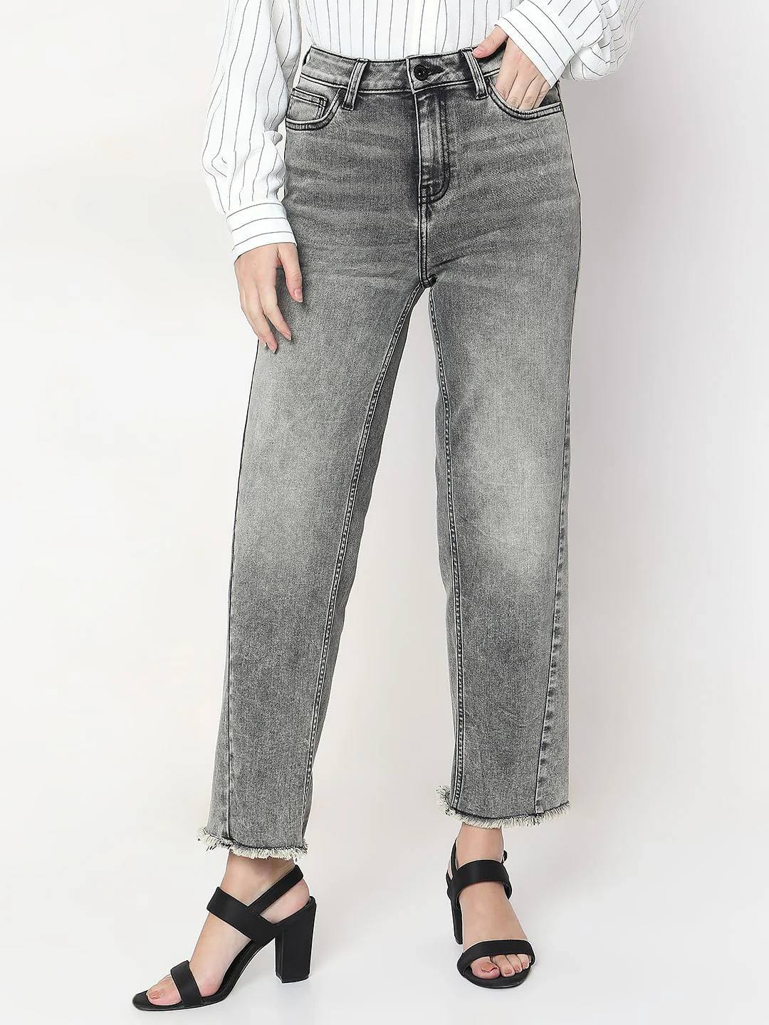 Grey Wide Leg High Rise Jeans - Image 2