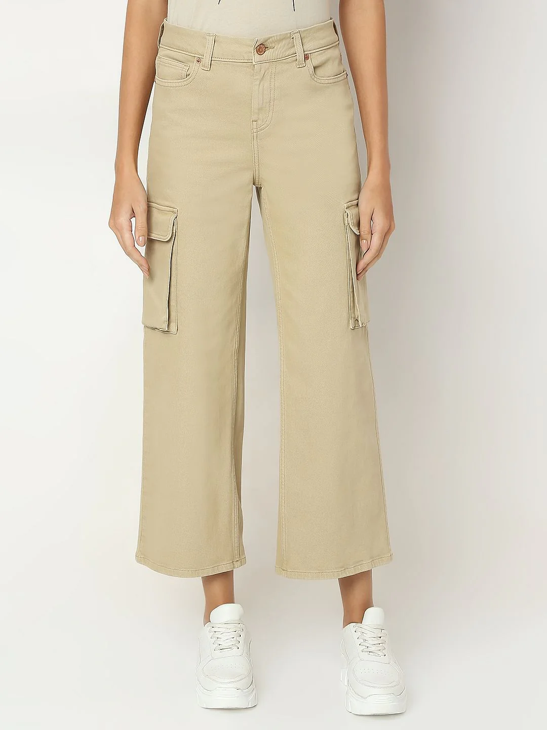 Beige High Rise Wide Leg Jeans - Image 2