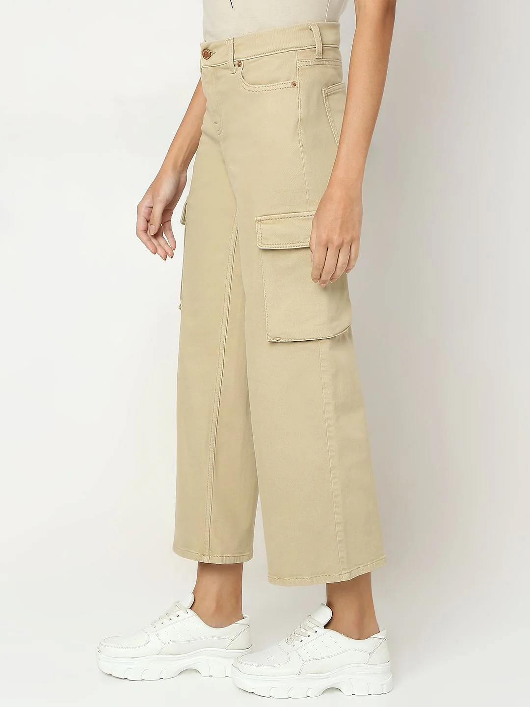 Beige High Rise Wide Leg Jeans - Image 3