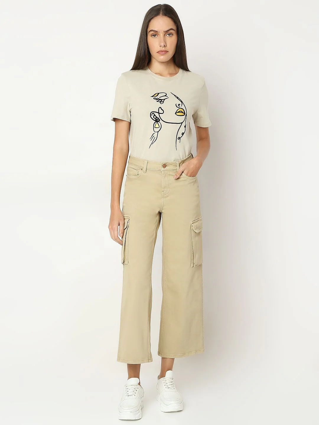 Beige High Rise Wide Leg Jeans - Image 5