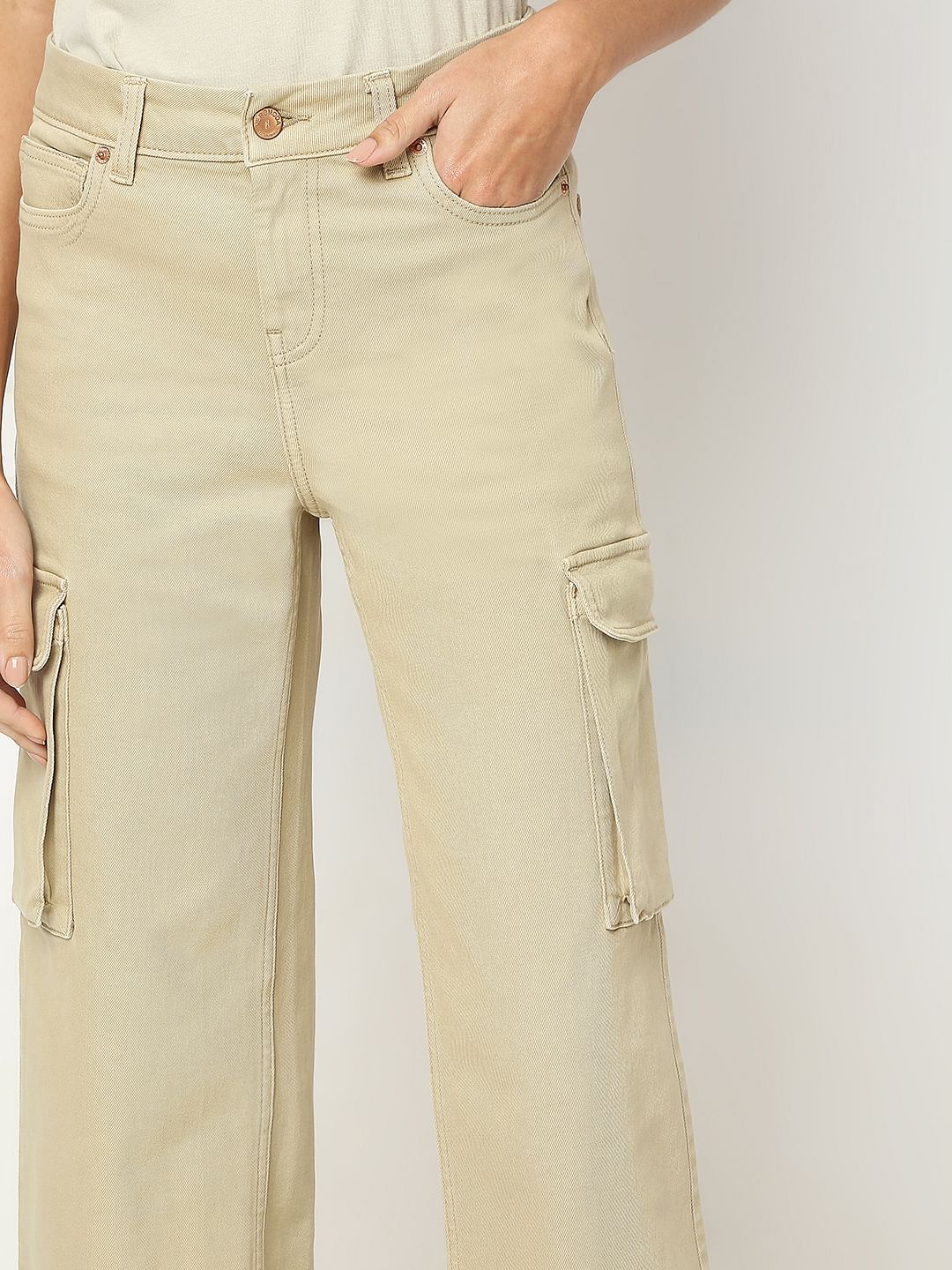 Beige High Rise Wide Leg Jeans - Image 6