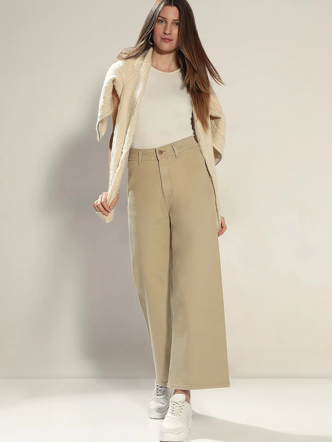 Beige Wide Leg High Rise Jeans
