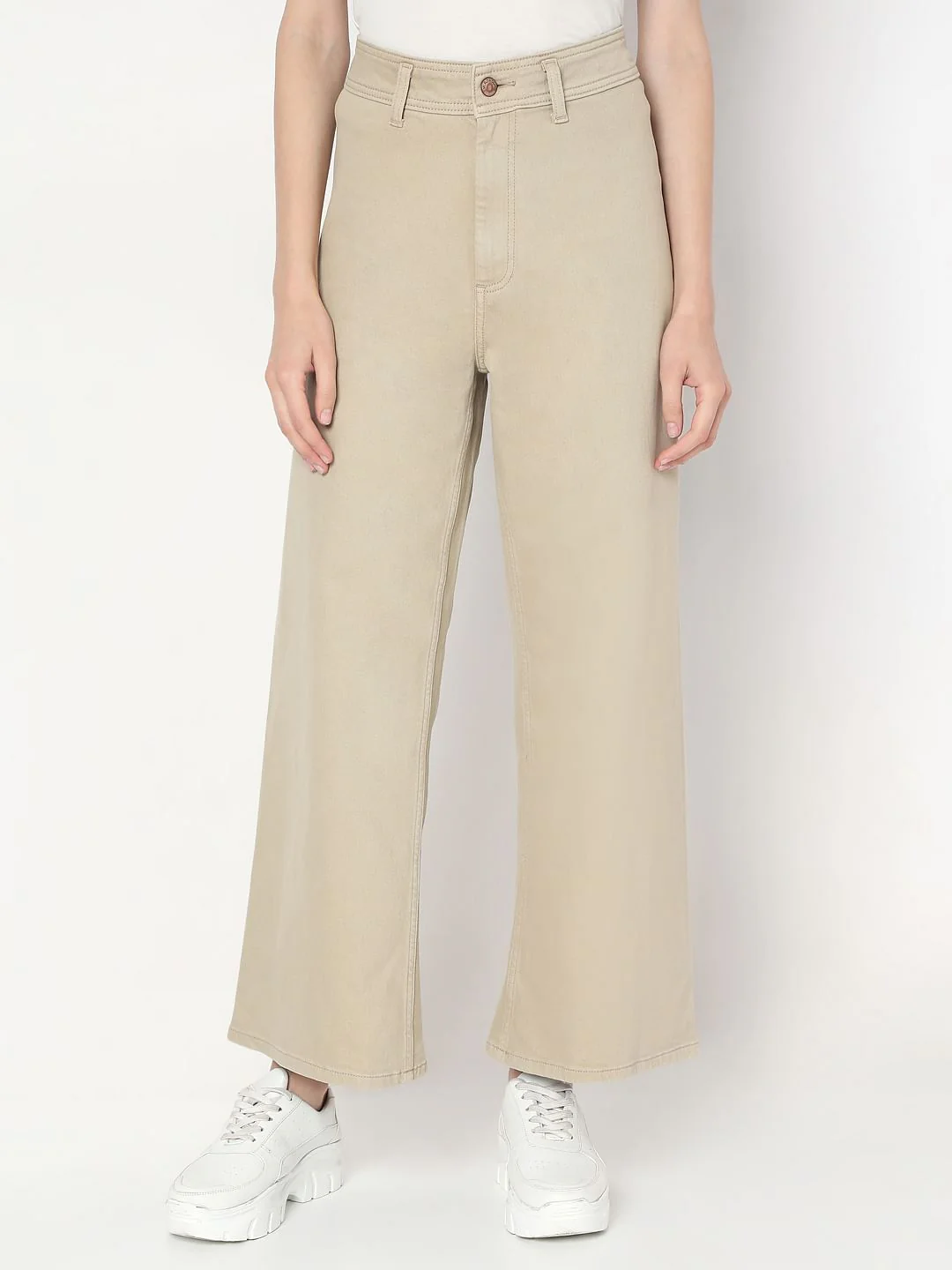Beige Wide Leg High Rise Jeans - Image 2