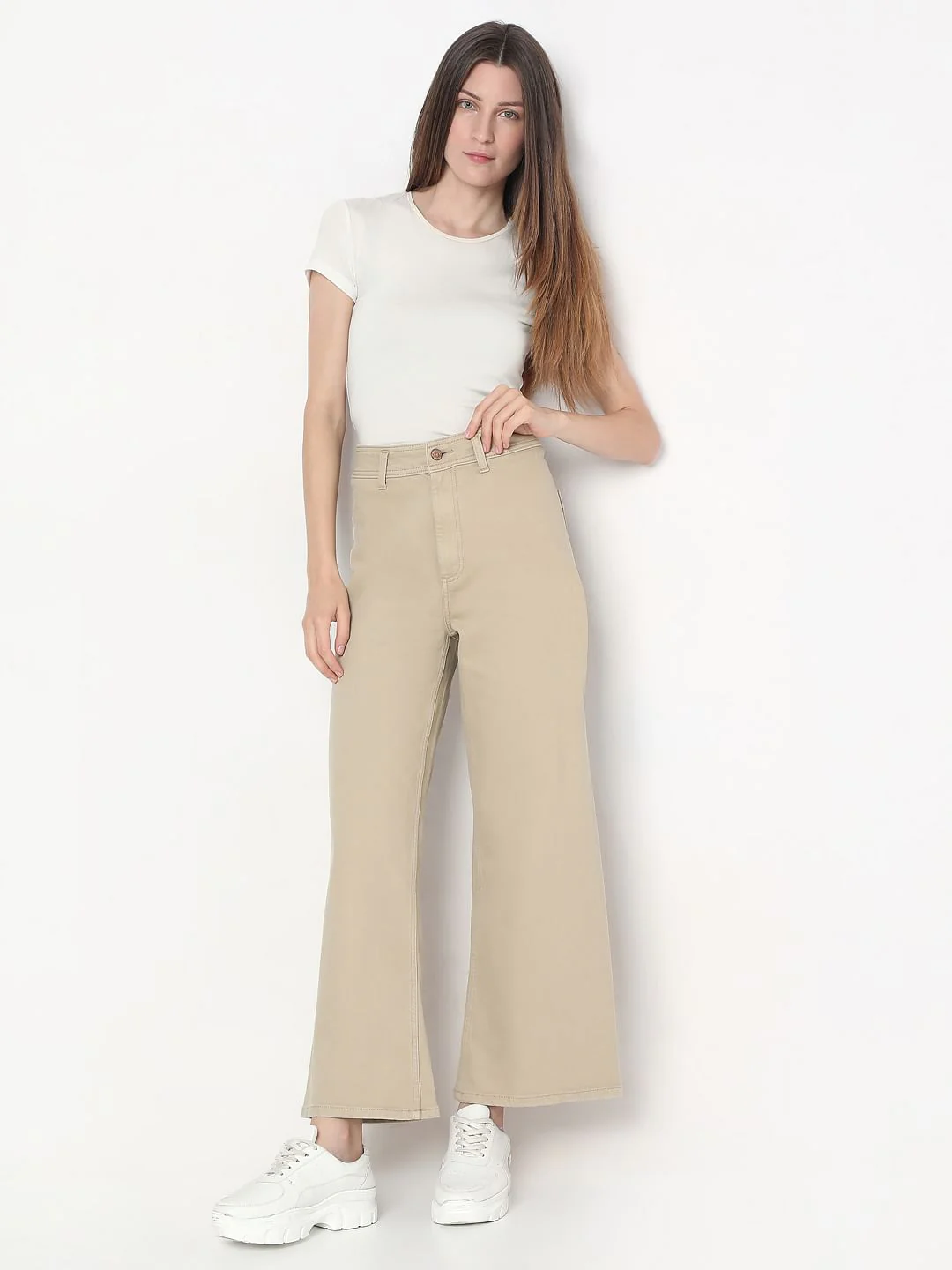 Beige Wide Leg High Rise Jeans - Image 5