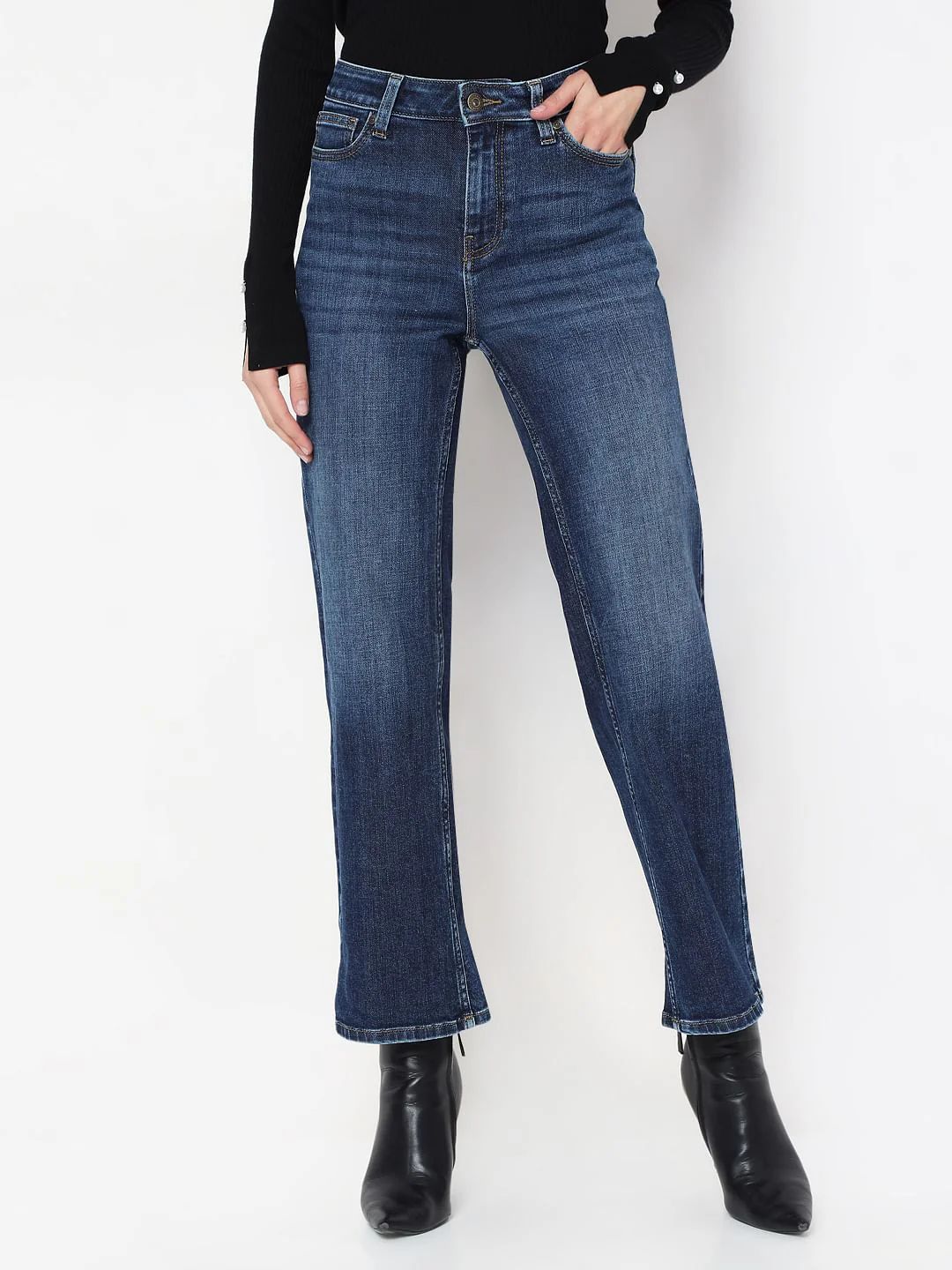 Dark Blue Mid Rise Wide Leg Jeans - Image 2