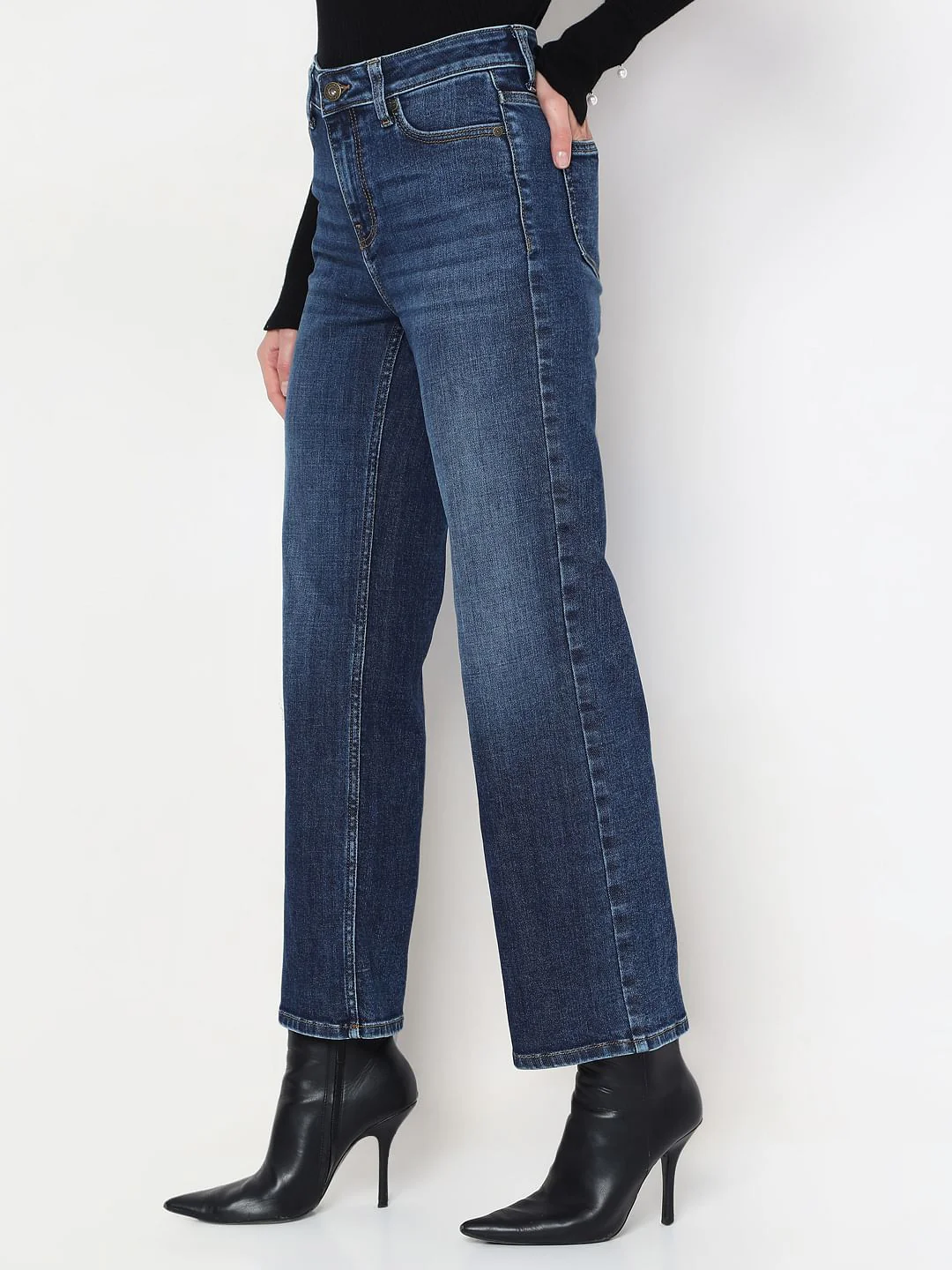 Dark Blue Mid Rise Wide Leg Jeans - Image 3