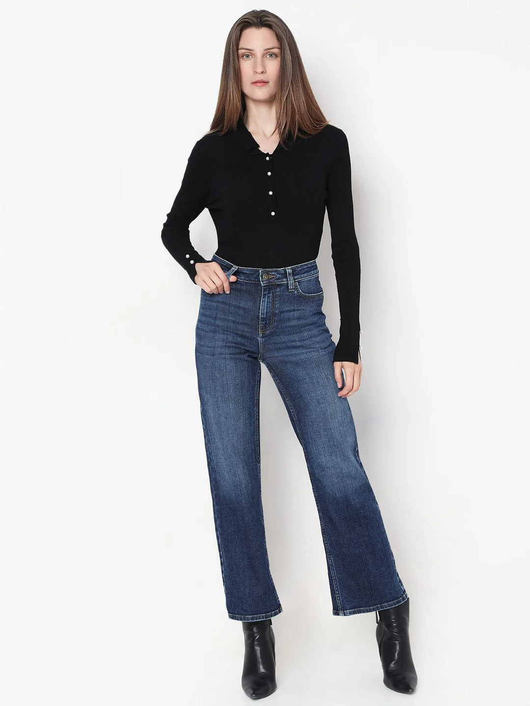 Dark Blue Mid Rise Wide Leg Jeans - Image 5