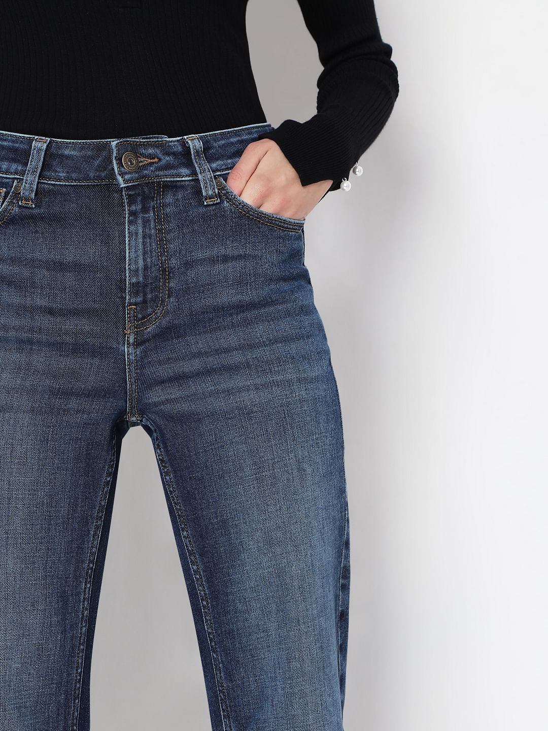 Dark Blue Mid Rise Wide Leg Jeans - Image 6