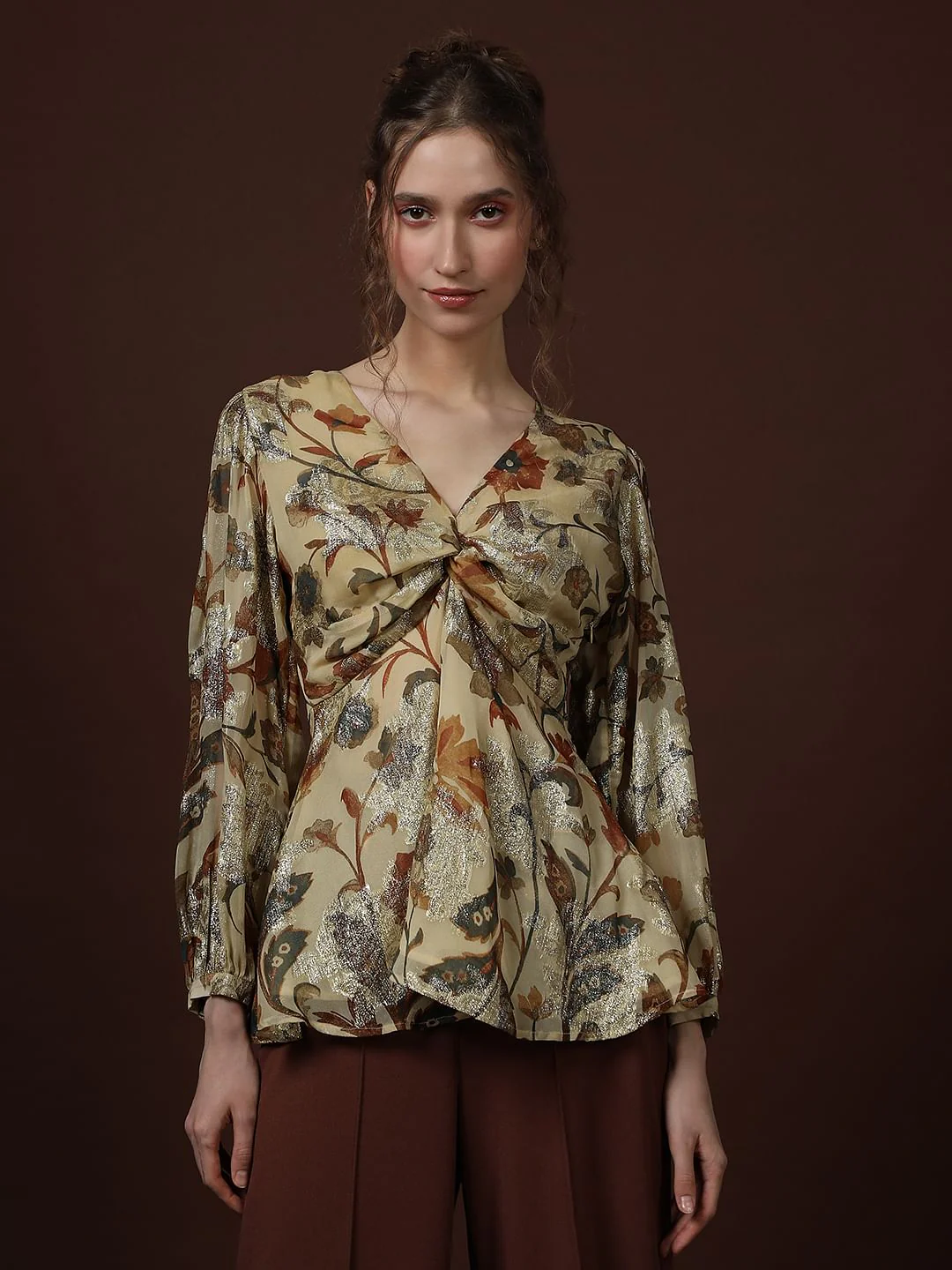 Ecru Floral Print Knot Detail Top - Image 2