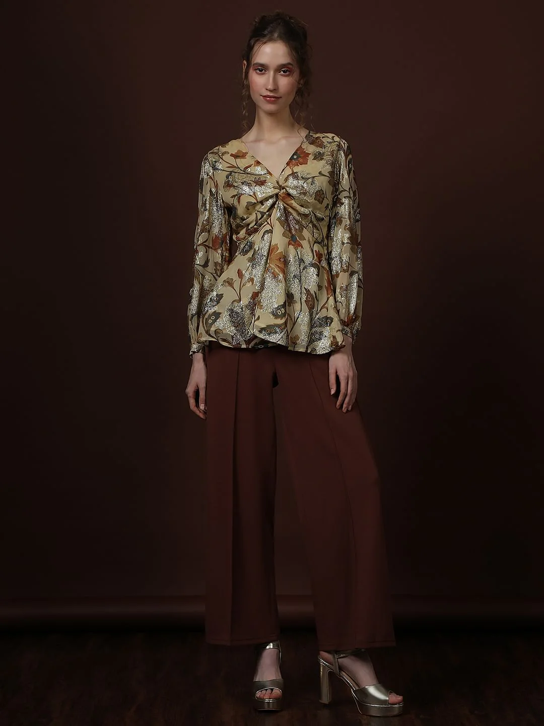 Ecru Floral Print Knot Detail Top - Image 5