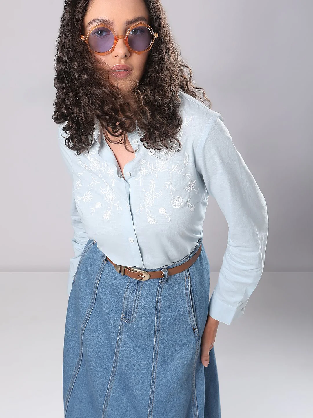 Light Blue Embroidered Cotton Shirt