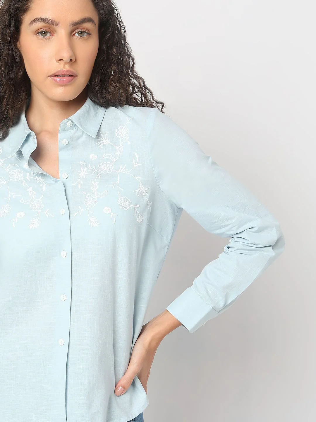 Light Blue Embroidered Cotton Shirt - Image 6