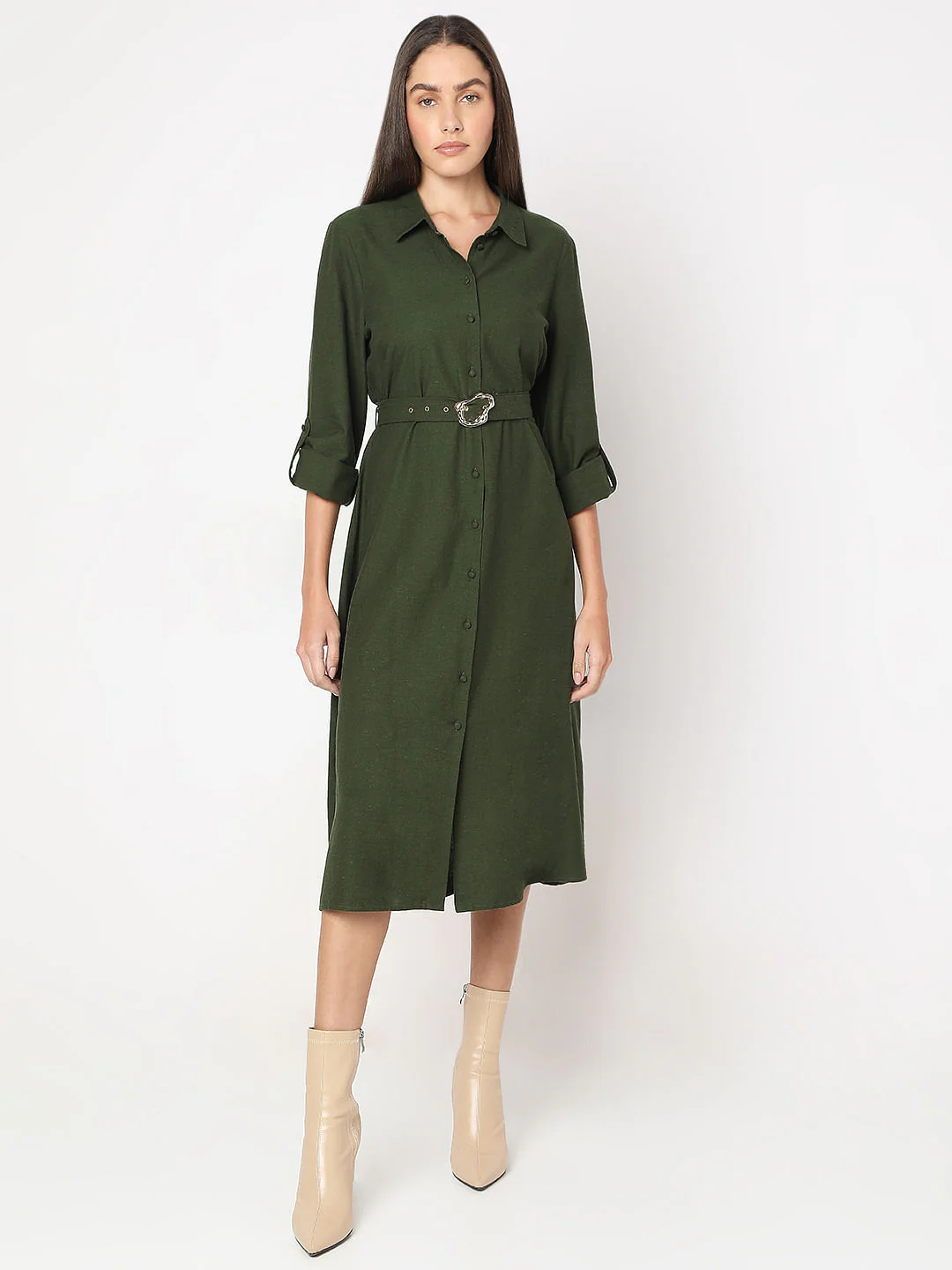 Olive Midi Shirt Dress - Image 2