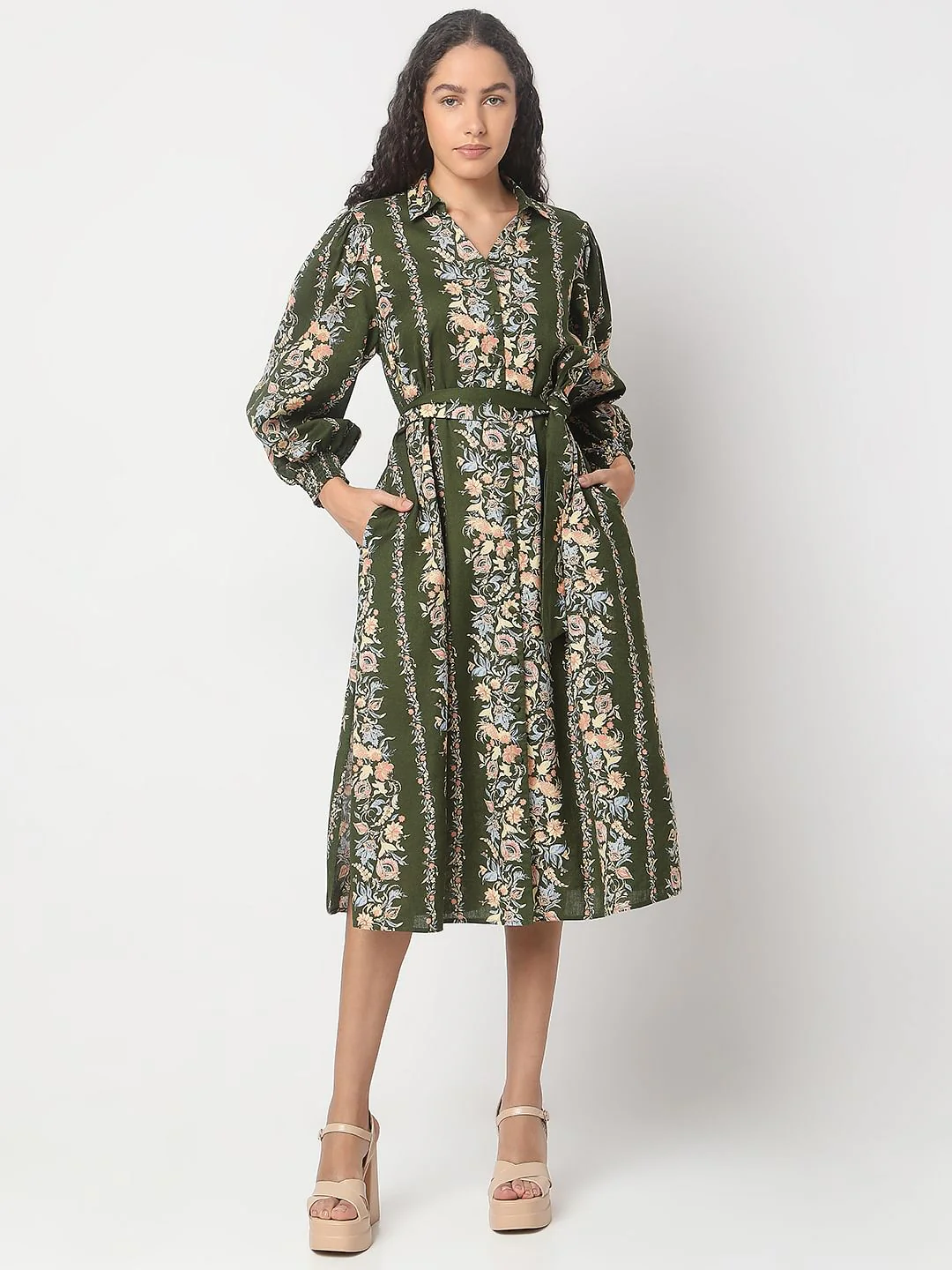 Olive Green Floral Print Dress - Image 2
