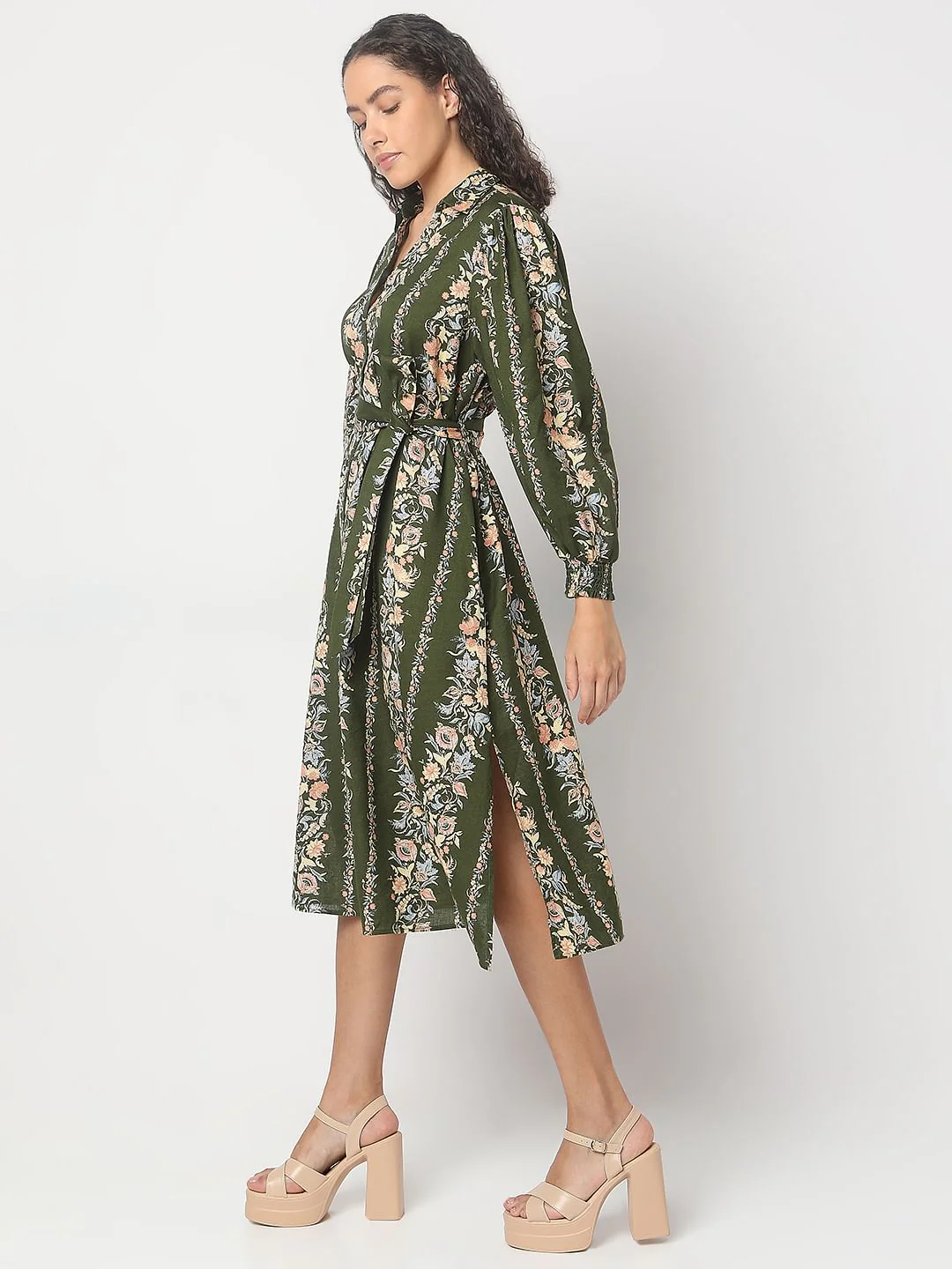 Olive Green Floral Print Dress - Image 3