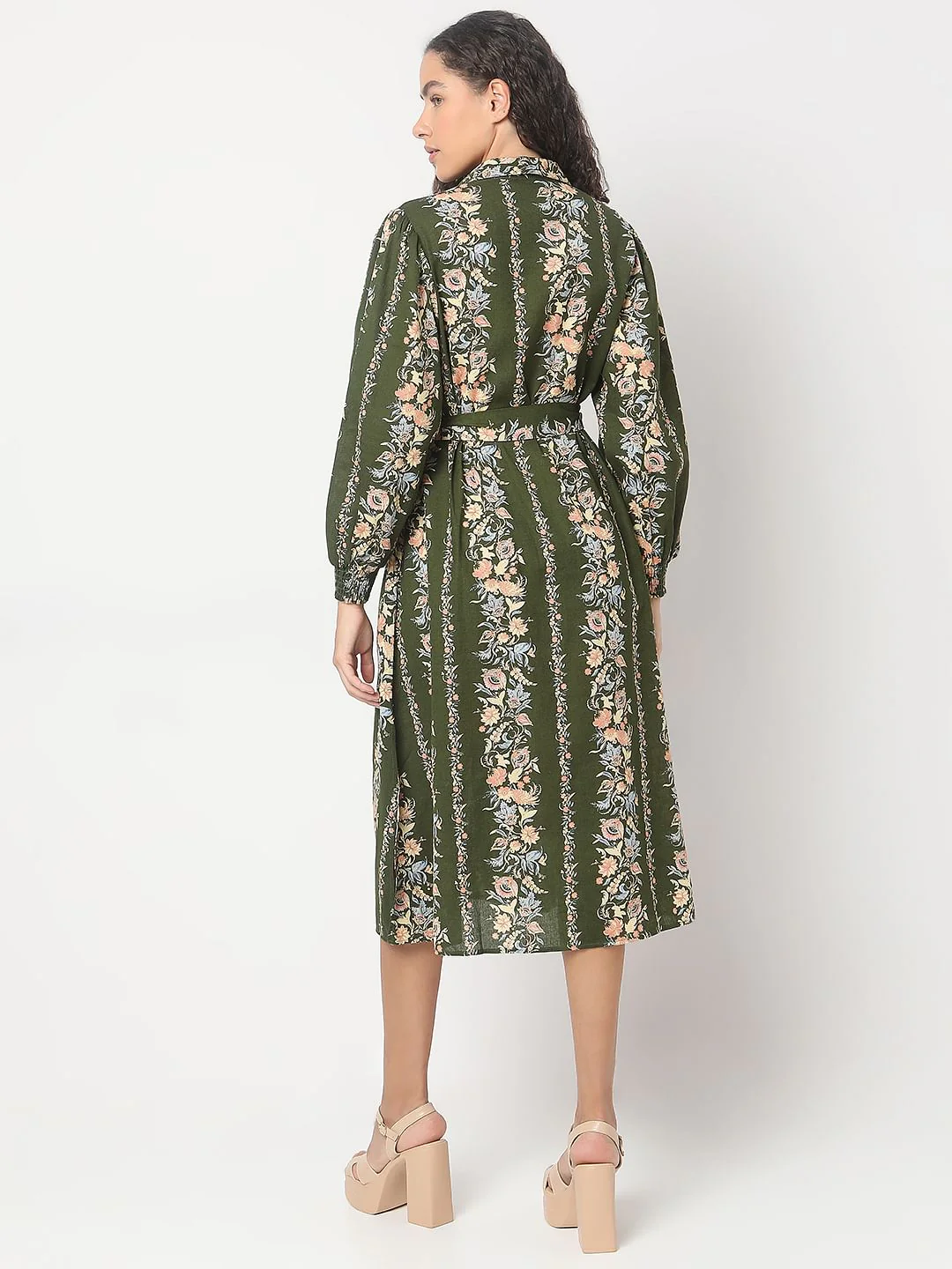 Olive Green Floral Print Dress - Image 4