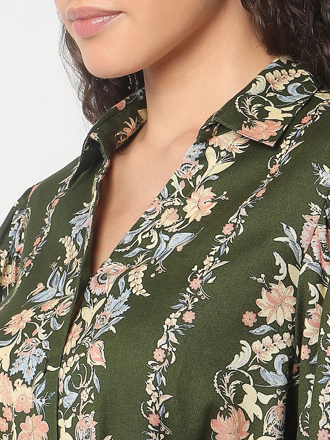 Olive Green Floral Print Dress - Image 6