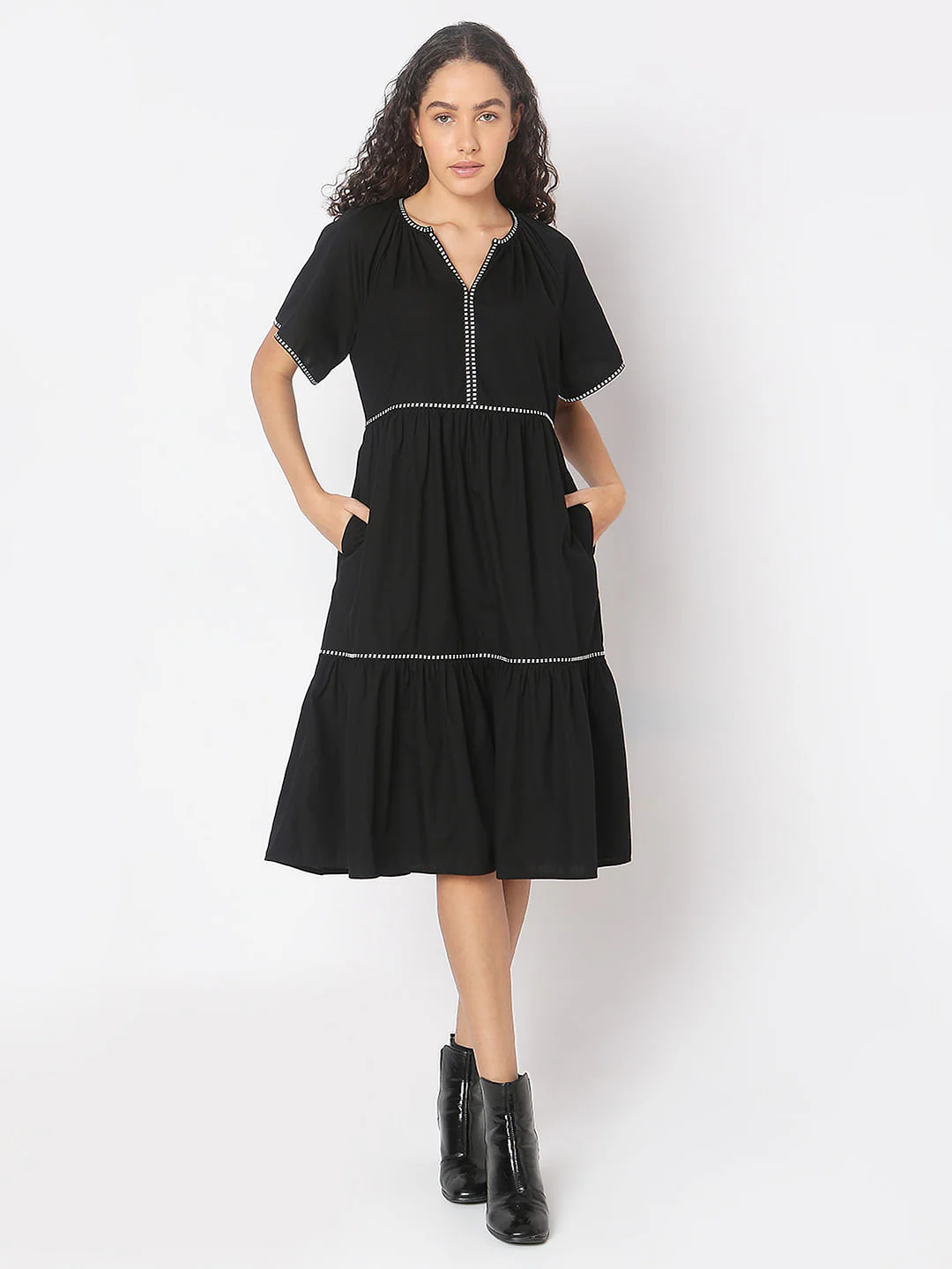 Black Dotted Detail Midi Dress - Image 2
