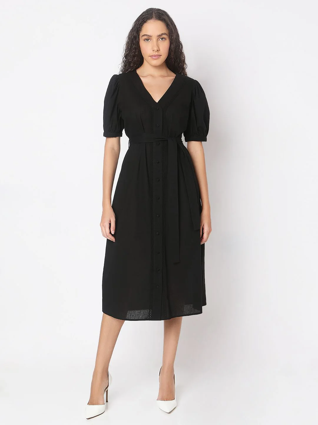 Black V-Neck Midi Dress - Image 2
