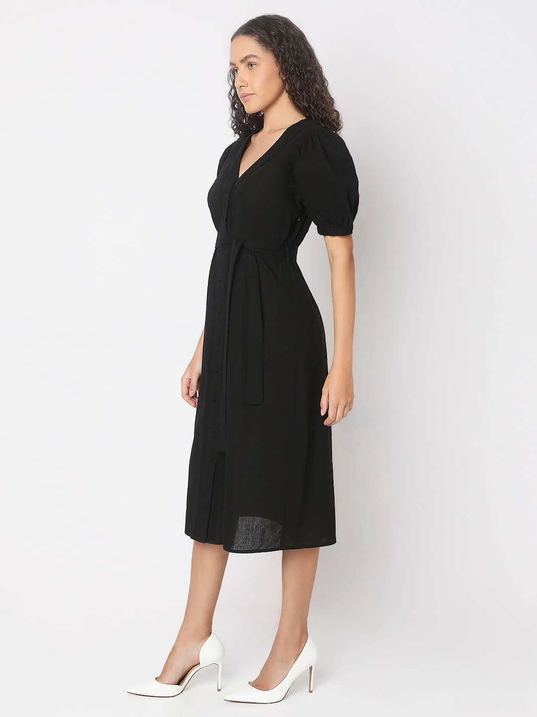 Black V-Neck Midi Dress - Image 3