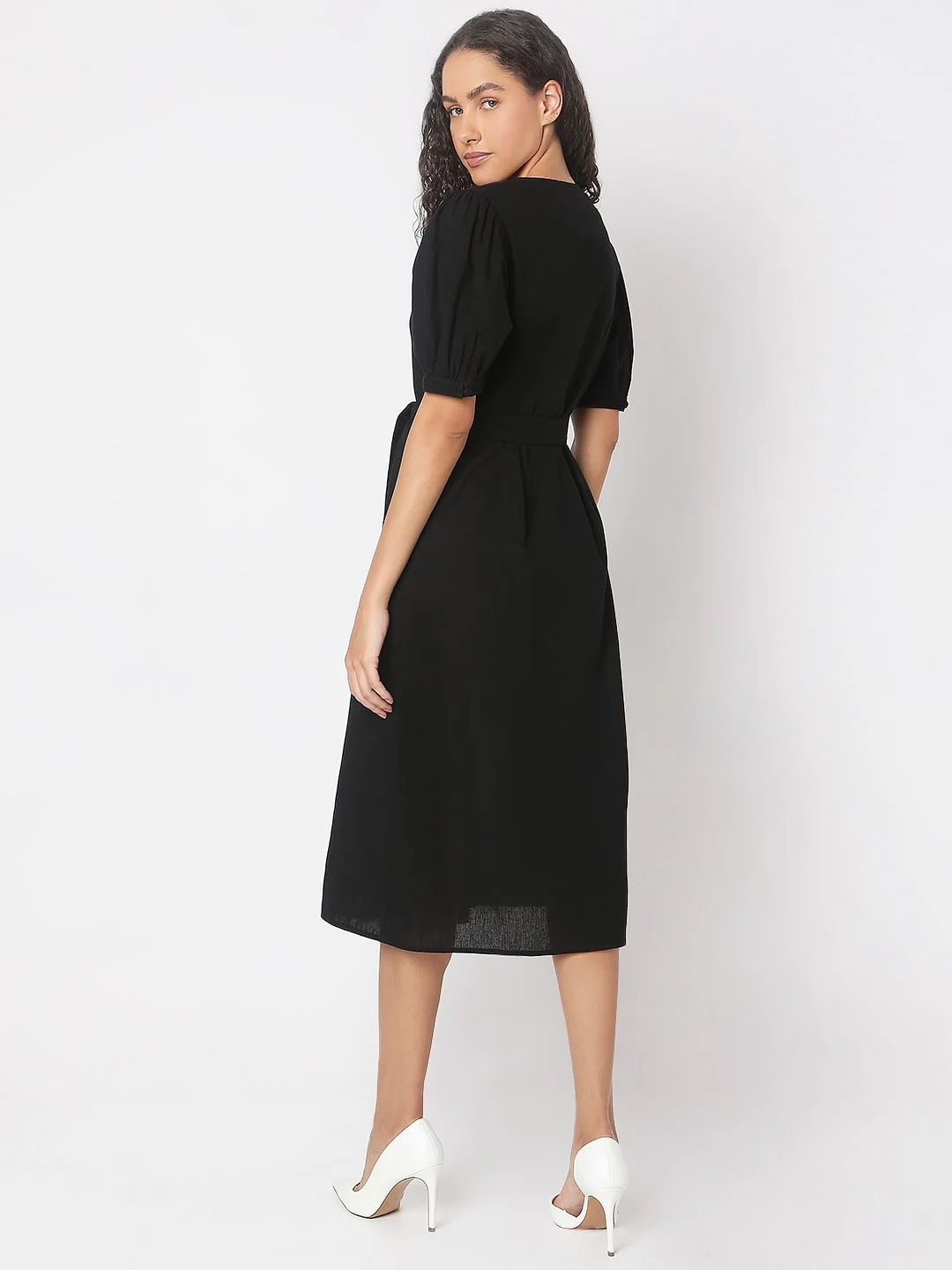 Black V-Neck Midi Dress - Image 4