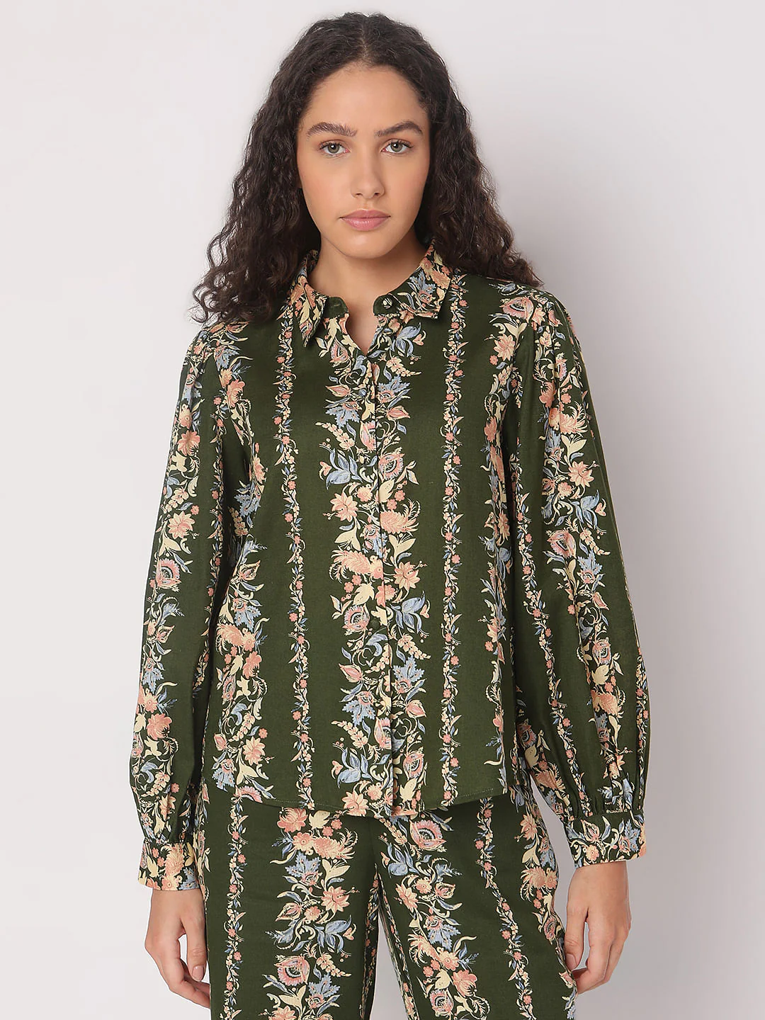 Olive Green Floral Co-Ord Set Shirt - Image 2