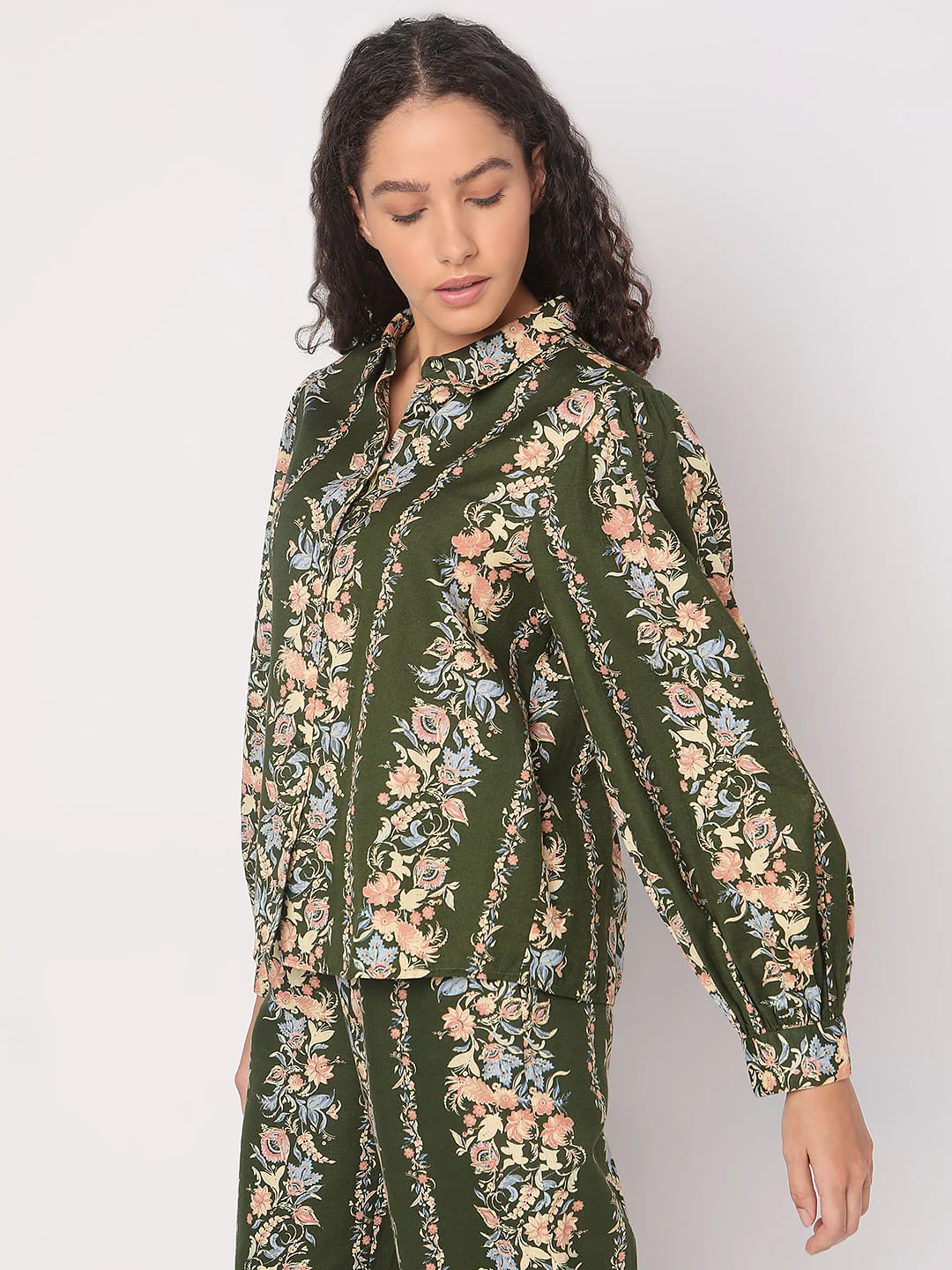 Olive Green Floral Co-Ord Set Shirt - Image 3