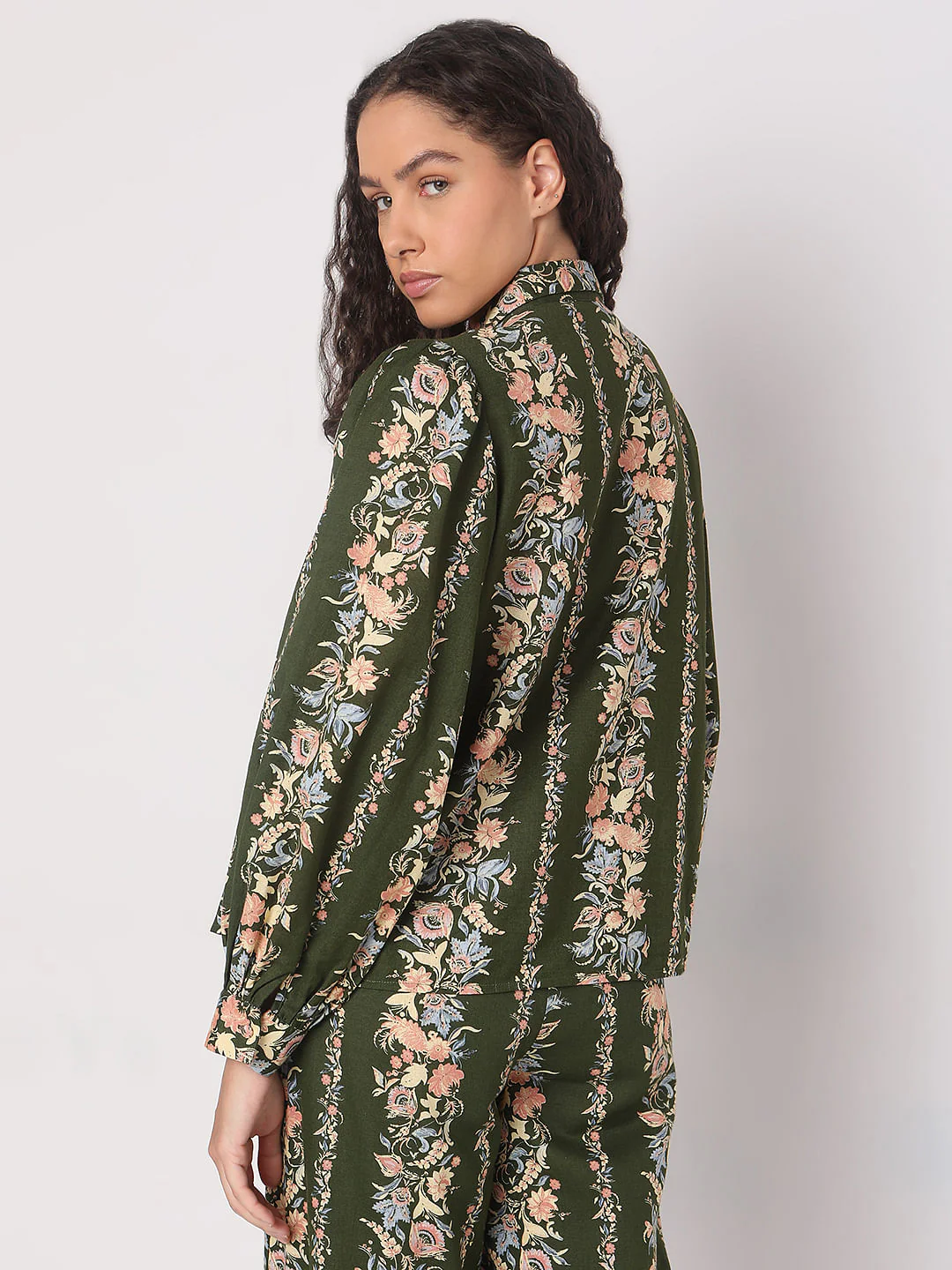 Olive Green Floral Co-Ord Set Shirt - Image 4