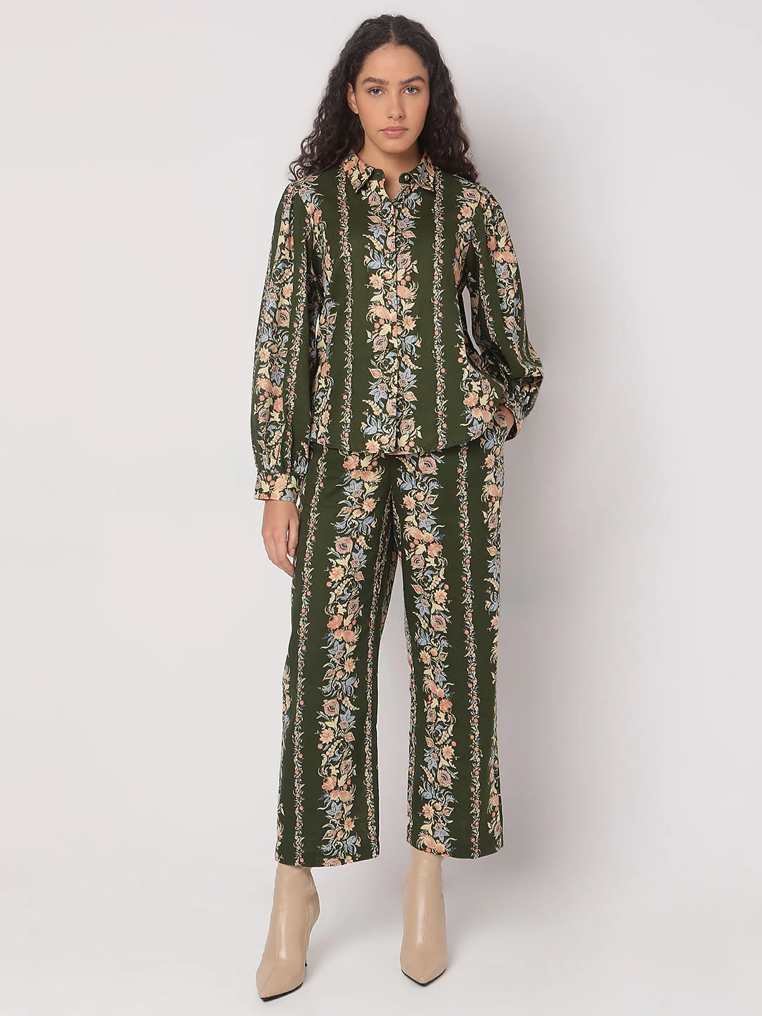 Olive Green Floral Co-Ord Set Shirt - Image 5