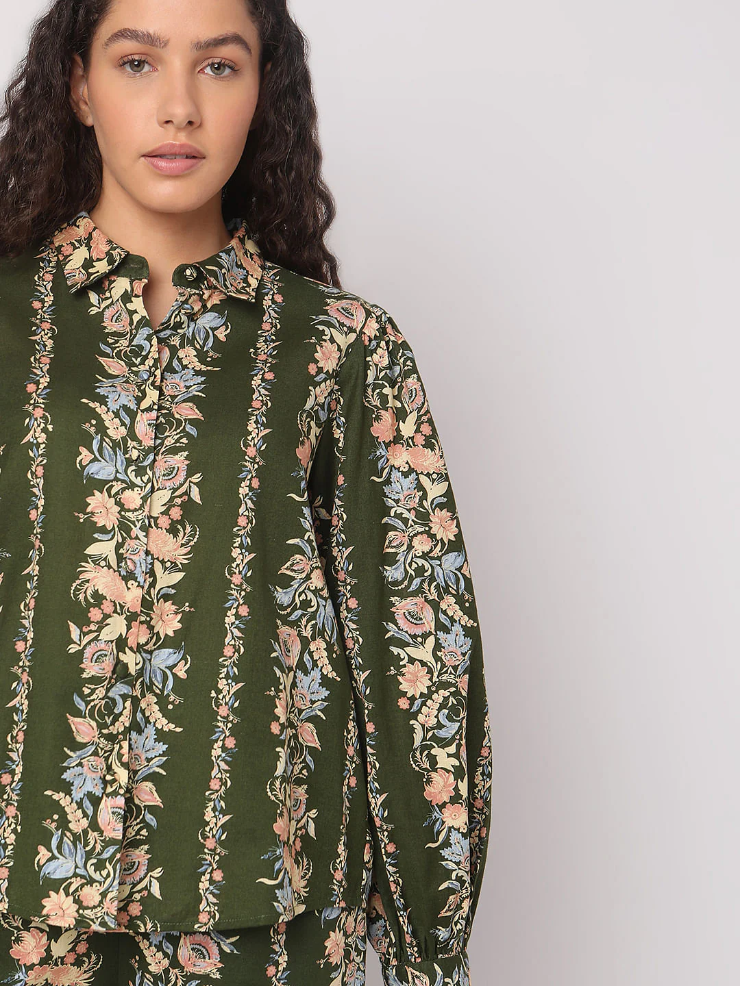 Olive Green Floral Co-Ord Set Shirt - Image 6