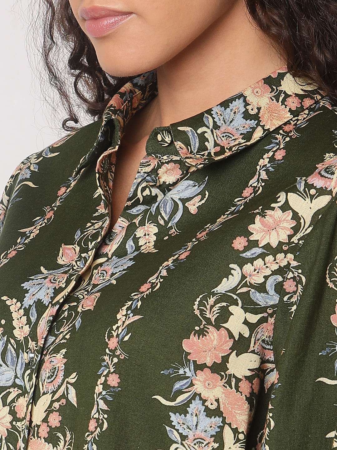 Olive Green Floral Co-Ord Set Shirt - Image 8