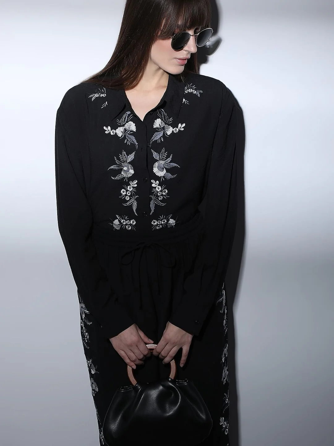Black Embroidered Co-Ord Set Shirt