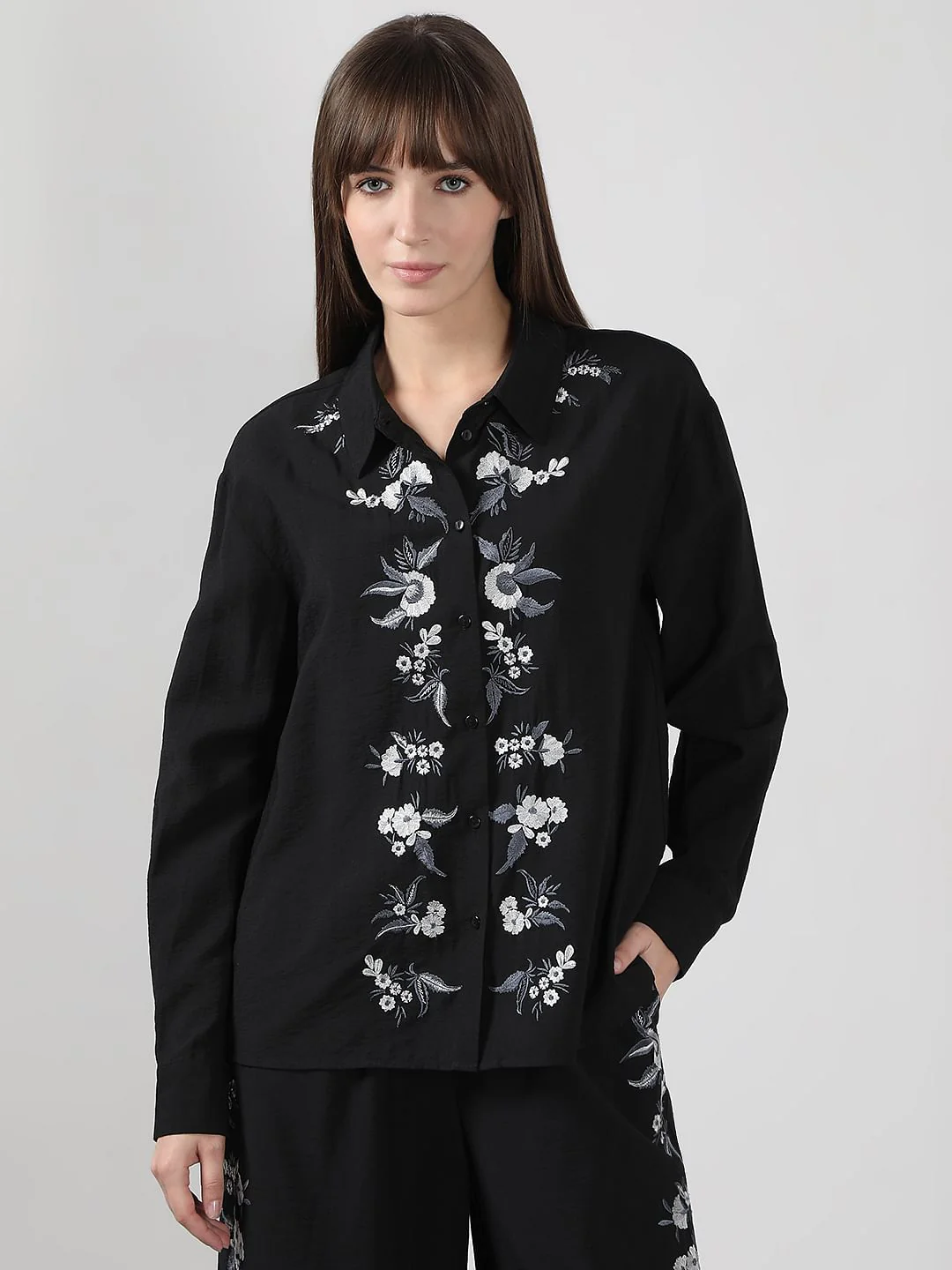 Black Embroidered Co-Ord Set Shirt - Image 2