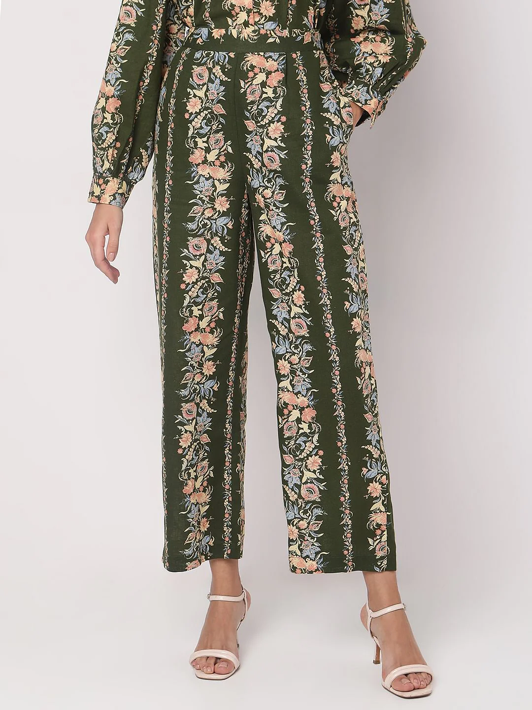 Olive Green Floral Co-Ord Set Pants - Image 2