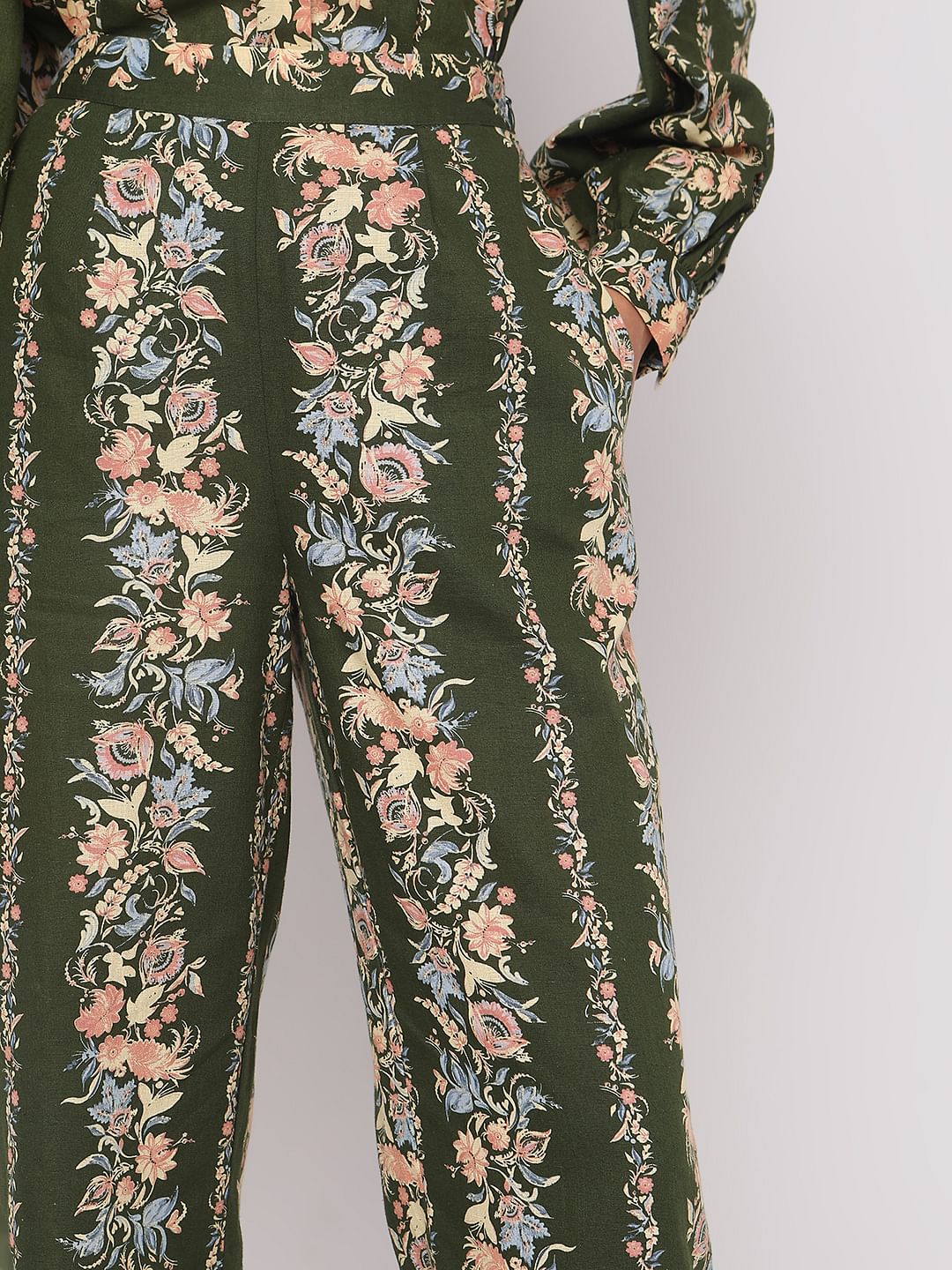 Olive Green Floral Co-Ord Set Pants - Image 6