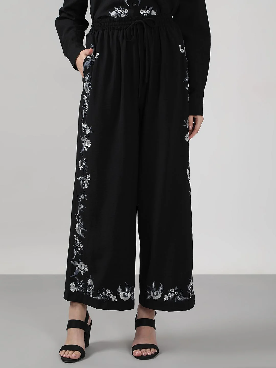 Black Embroidered Co-Ord Set Pants - Image 2