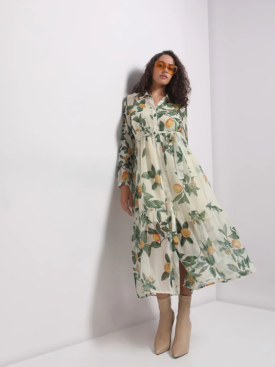 Light Lemon Printed Midi Dress