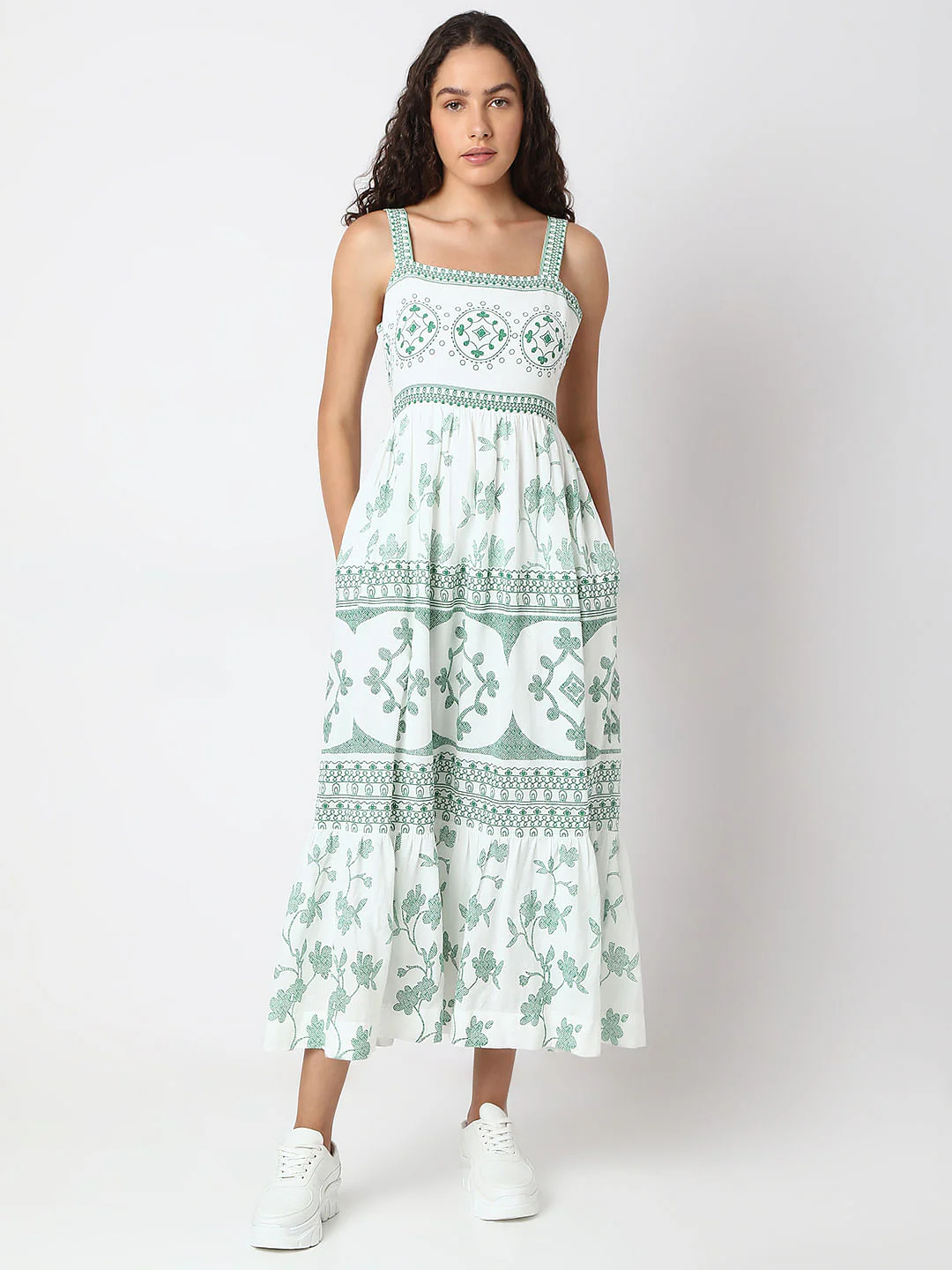 Green Printed Strappy Long Dress - Image 2