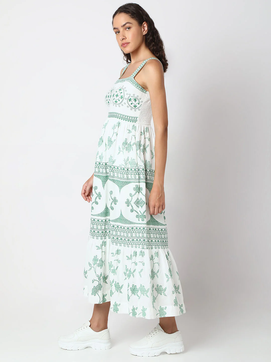 Green Printed Strappy Long Dress - Image 3