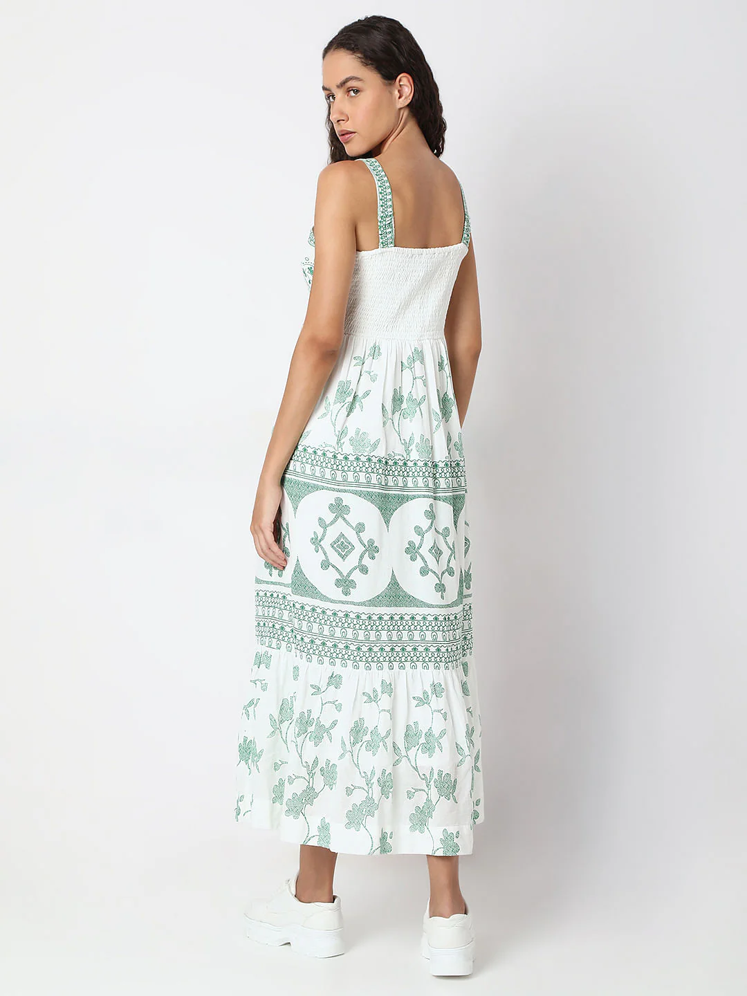Green Printed Strappy Long Dress - Image 4