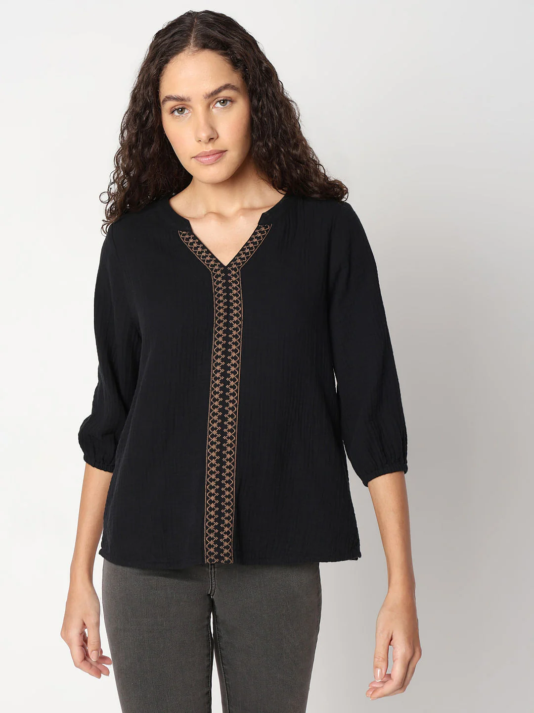 Black Cotton Mandarin Collar Top - Image 2